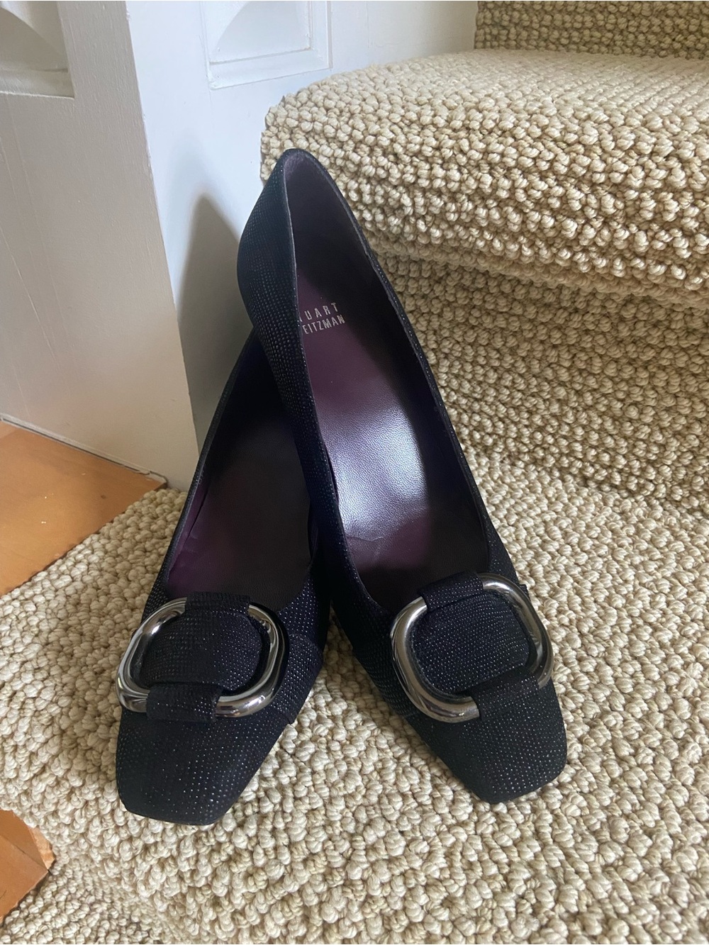 Stuart Weitzman Black Pointed Toe Heels with Silver Buckle